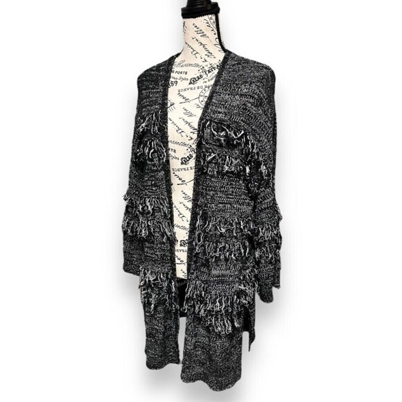 Knox Rose L Black White Fringe Cardigan Boho Open Front Chunky Knit Sweater Coat - Picture 3 of 11